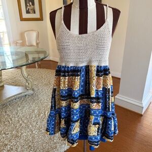 Entro Boho Patchwork Print Crochet Top Dress Size Small Boho Fairy Babydoll